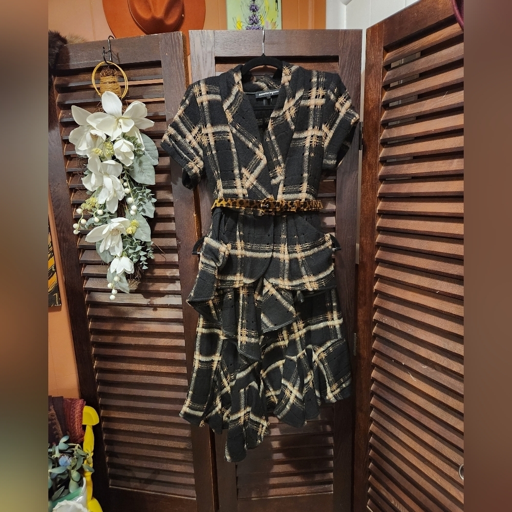 Nanette Lepore Black and Tan Plaid Skirt Suit with Leopard Belt